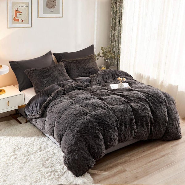 3-Piece Microfiber Dark Gray Twin Size Fluffy Duvet Cover Set