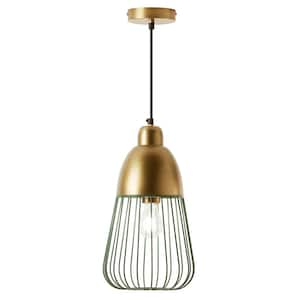 Iris 40-Watt 1-Light Emerald and Gold Cage Pendant Light with Metal Empire Shade