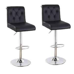 40 in. Black Low Back Metal Adjustable Bar Stool with Rolled Button Tufted Back (Set of 2)
