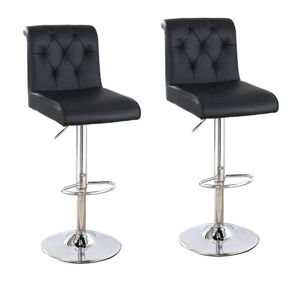 Benjara 40 in. Black Low Back Metal Adjustable Bar Stool with Rolled Button Tufted Back (Set of 2)
