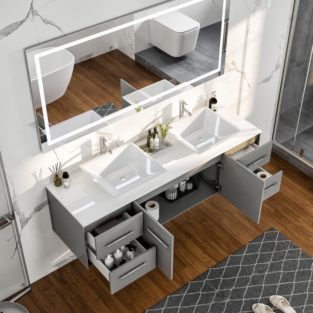 Gray Modern Double Sink Wall-Mount Bathroom Vanity with White Quartz Top
