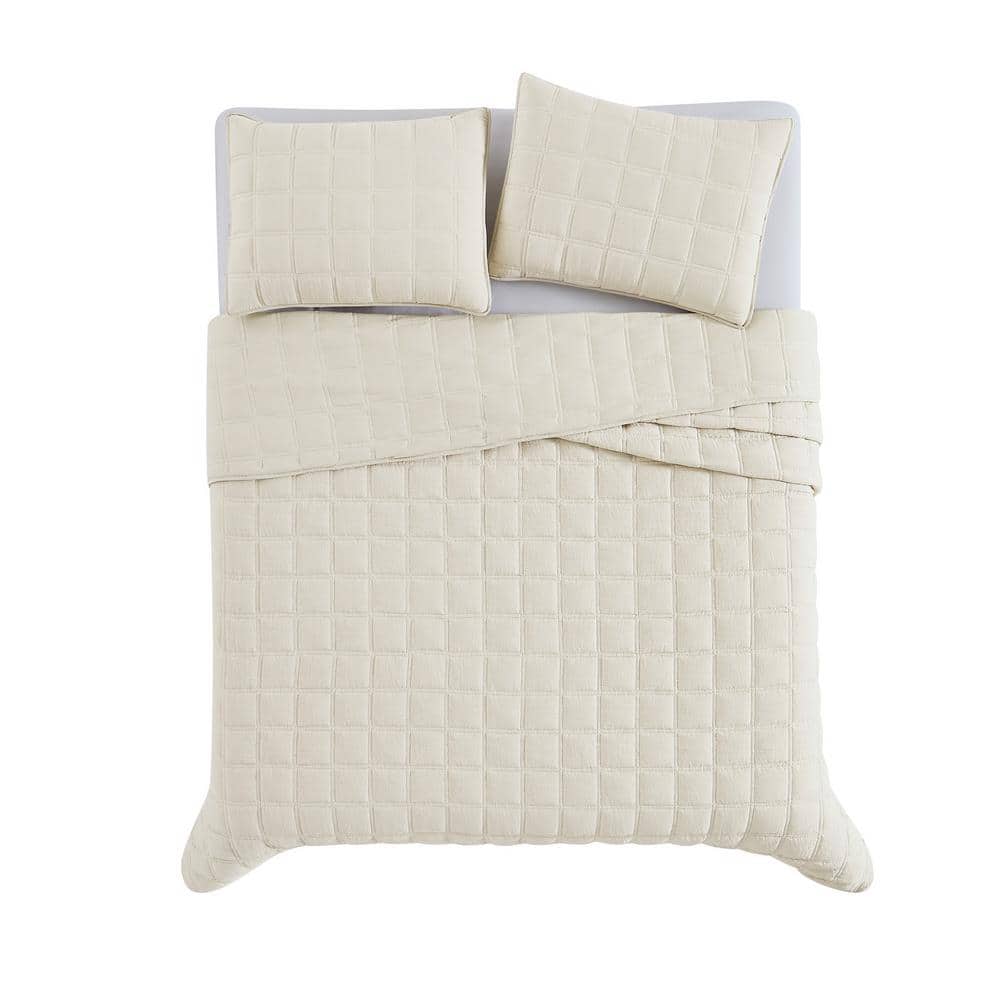 Beige Full Microfiber Quilt Set with Box Stitch Pattern