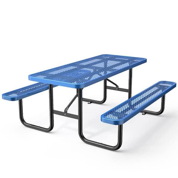 Unbranded 72 in. Expanded Metal Rectangular Picnic Table with 2 Long Benches for Garden Backyard Porch, Blue