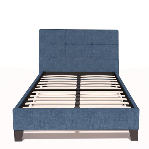 Unbranded Upholstered Linen Dark Blue Metal Frame Twin Platform Bed with Tufted Square Stitched Headboard and Wood Slats