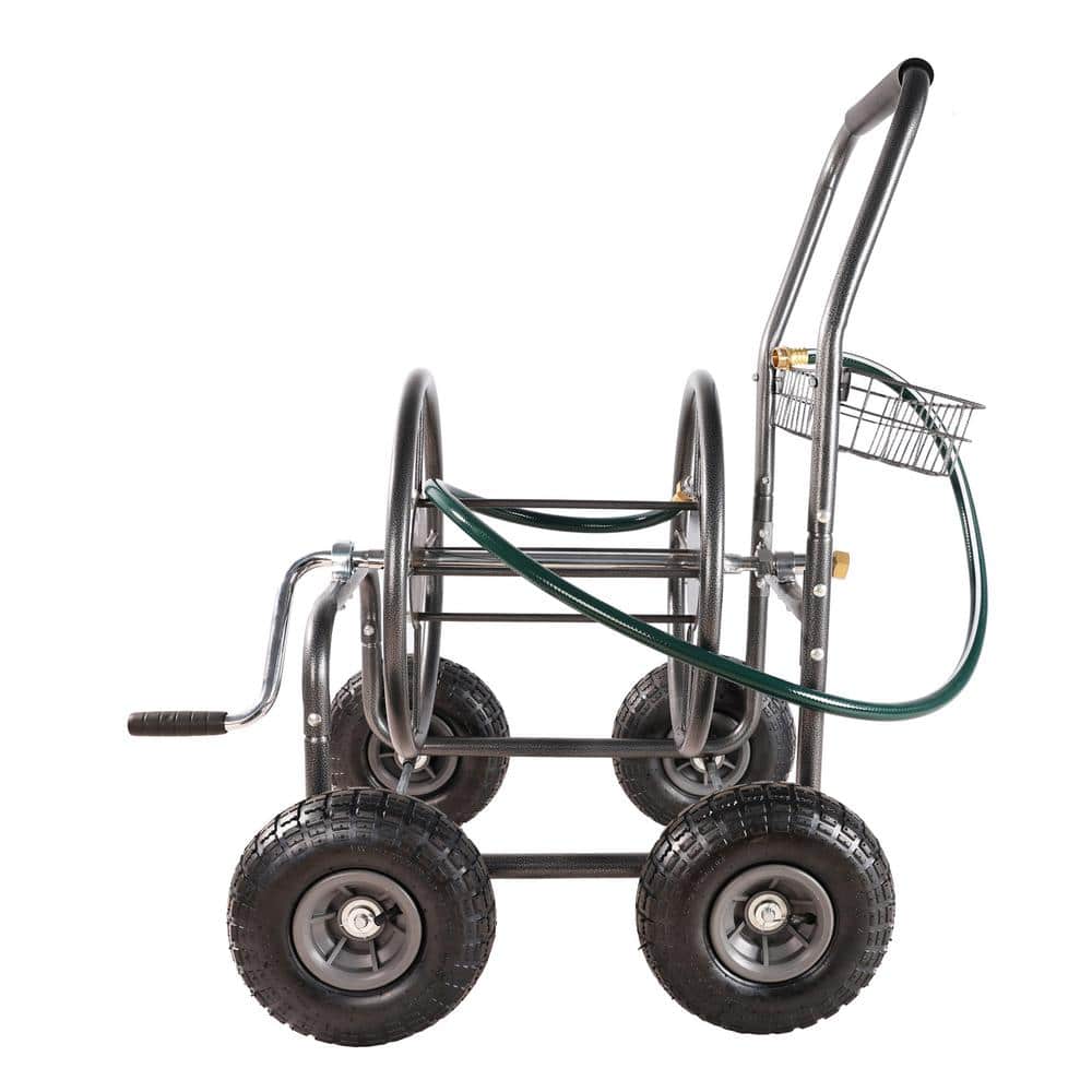 Green Heavy-Duty 4-Wheel Garden Hose Reel Cart with Storage Basket