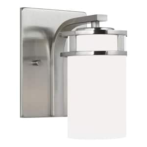 Robie 5 in. 1-Light Brushed Nickel Transitional Bathroom Vanity Light Wall Sconce with Etched White Glass Shade