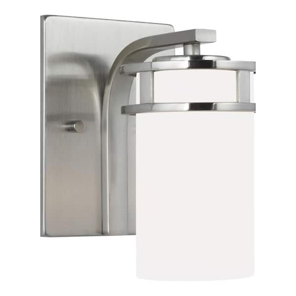 Robie 5 in. 1-Light Brushed Nickel Transitional Bathroom Vanity Light Wall Sconce with White Glass Shade and LED Bulb