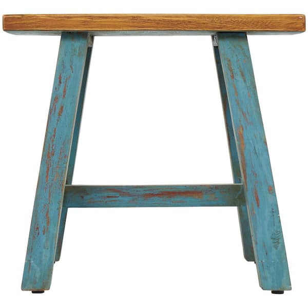 Litton Lane 18 in. Blue Wood Stool with Brown Wood Top