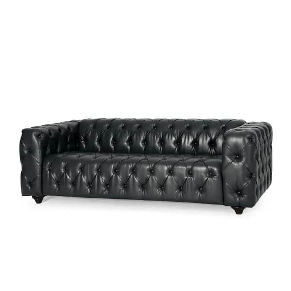 Benjara Arlo 32 in. Straight Arm Faux Leather Rectangle Chesterfield Button Tufted Sofa in Black