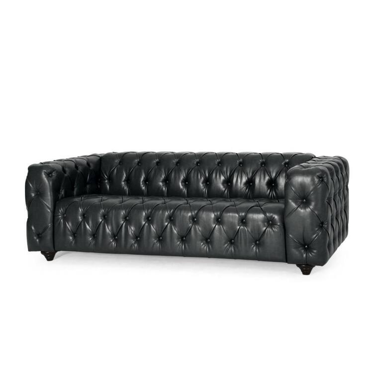 Benjara Arlo 32 in. Straight Arm Faux Leather Rectangle Chesterfield Button Tufted Sofa in Black