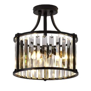 12.6 in. Modern Elegant 3-Light Black Semi-Flush Mount Ceiling Lamp with Crystal Shade