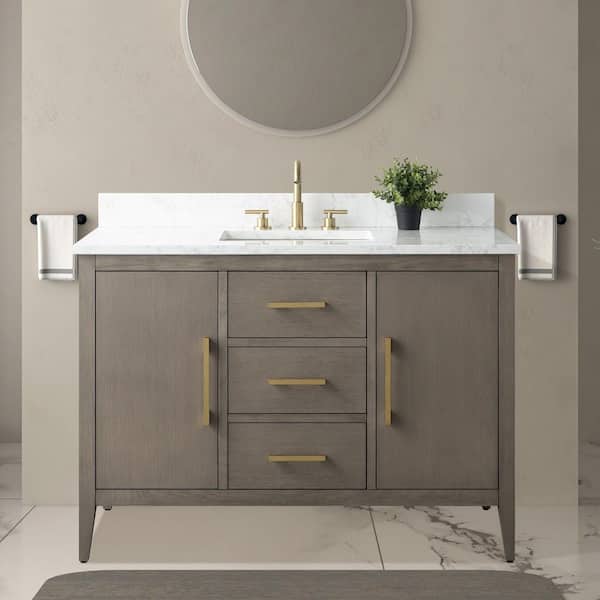 48 in. W x 22 in. D x 34 in. H Single-Sink Bath Vanity in Driftwood Gray with Engineered Marble Top in Arabescato White