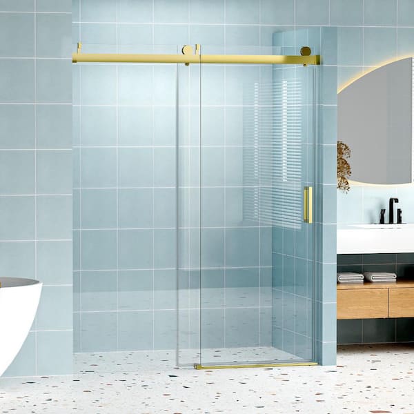Abruzzo 60 in. W x 76 in. H Frameless Single Sliding Shower Door in Gold with Tempered Clear Glass