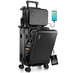 2-Piece Black Hard Carry-On Weekender Luggage Set Expandable Spinner Airline Approved Suitcase Exterior USB port