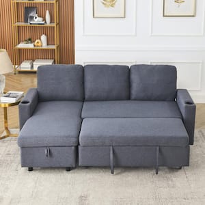 78.5 in. W Gray Linen 3-Seater Full Size Reversible Sleeper Sofa Bed