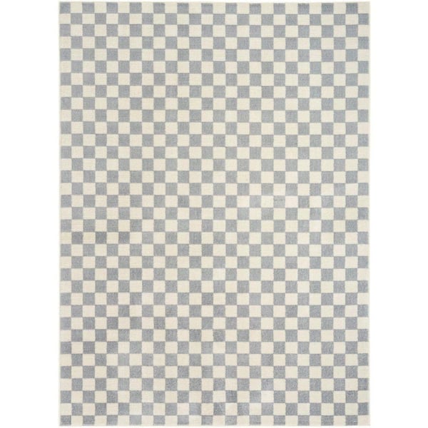 Serenity Home Ivory Blue 4 ft. x 6 ft. Checker Contemporary Area Rug