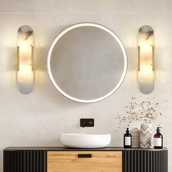 20 in. 2-Light Dimmable LED Oval Brass Wall Sconce, Simple Alabaster Shade Wall Lamp for Bedroom, Bathroom (2 Pieces)