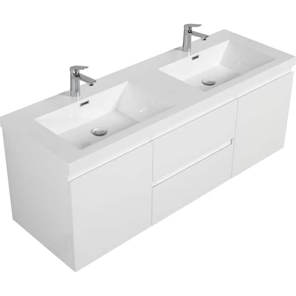 59 in. W x 19.75 in. D x 22.5 in. H Freestanding Bath Vanity in White with White Double Stone Resin Top, Doors