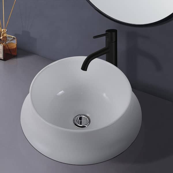 Satico Modern White 14.17 in. L x 14.17 in. W x 5.51 in. H Ceramic Round Vessel Bathroom Sink