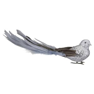 8 in. Silver Glitter Embellished Bird With Feathers Clip On Christmas Ornament