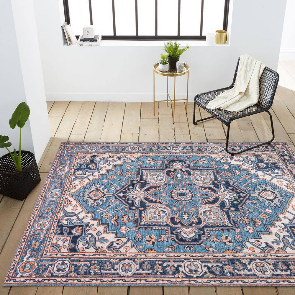 Cirali Blue and Beige Medallion Washable Area Rug