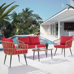 4-Pieces Wicker Outdoor Patio Conversation Set All-Weather Rattan Patio Furniture Set with Table and Red Cushions
