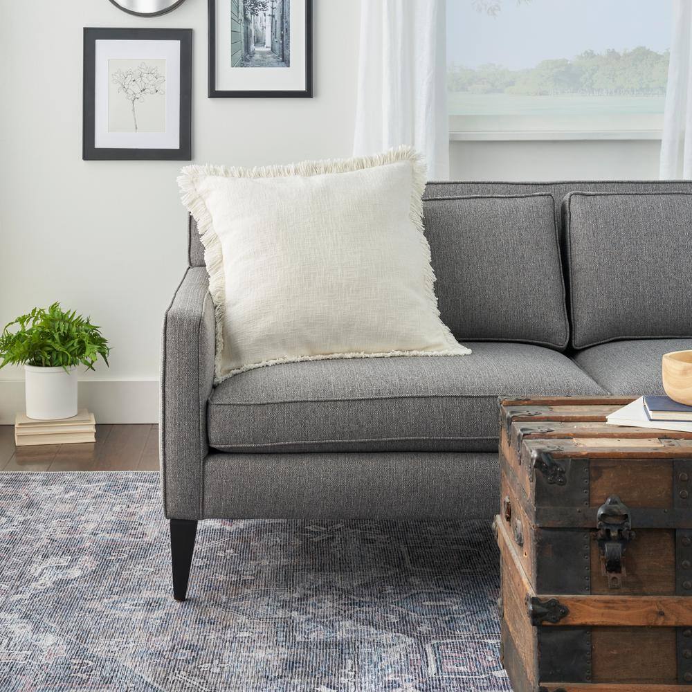 Ivory Stonewash Cotton Square Throw Pillow with Fringe Edges