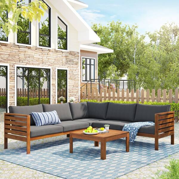 Brown 6-Piece Acacia Wood Outdoor Conversation Set, Outdoor Sectional Sofa Set with Solid Table, Gray Cushion
