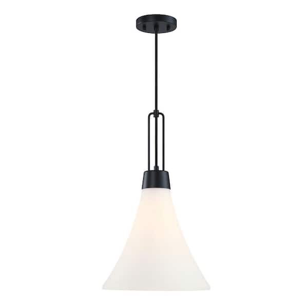 Evergreen Oasis 60-Watt 1-Light Matte Black Down Pendant Light with Etched Opal Glass Shade