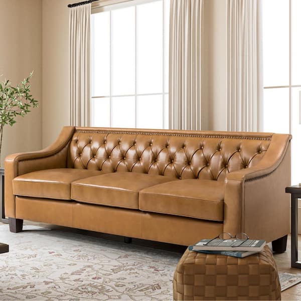 ARTFUL LIVING DESIGN Blaz 82.28 in. Wide Slope Arms Tufted GenuineLeather 3-Seat Rectangle Camel Sofa in Brown