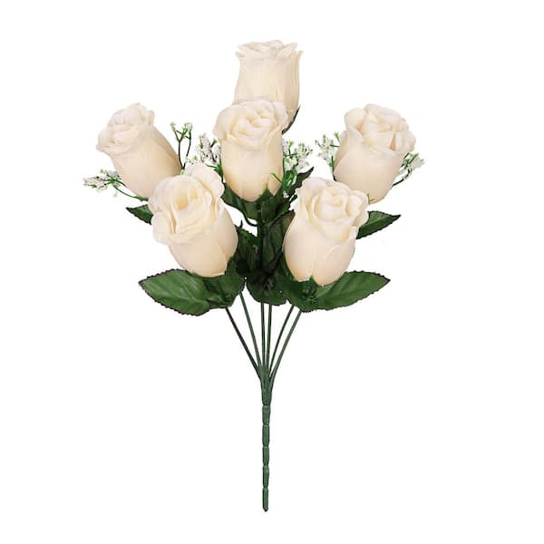LIVING LUXURY 14 in. Ivory White Artificial Rose Bud Flower Stem Bush Bouquet (Set of 12)