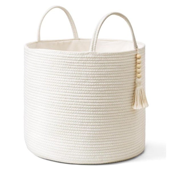 Afoxsos Woven Storage Basket Decorative Natural Rope Wooden Bead Decoration for Blanket & Toys Organizer Bin with Handles, White