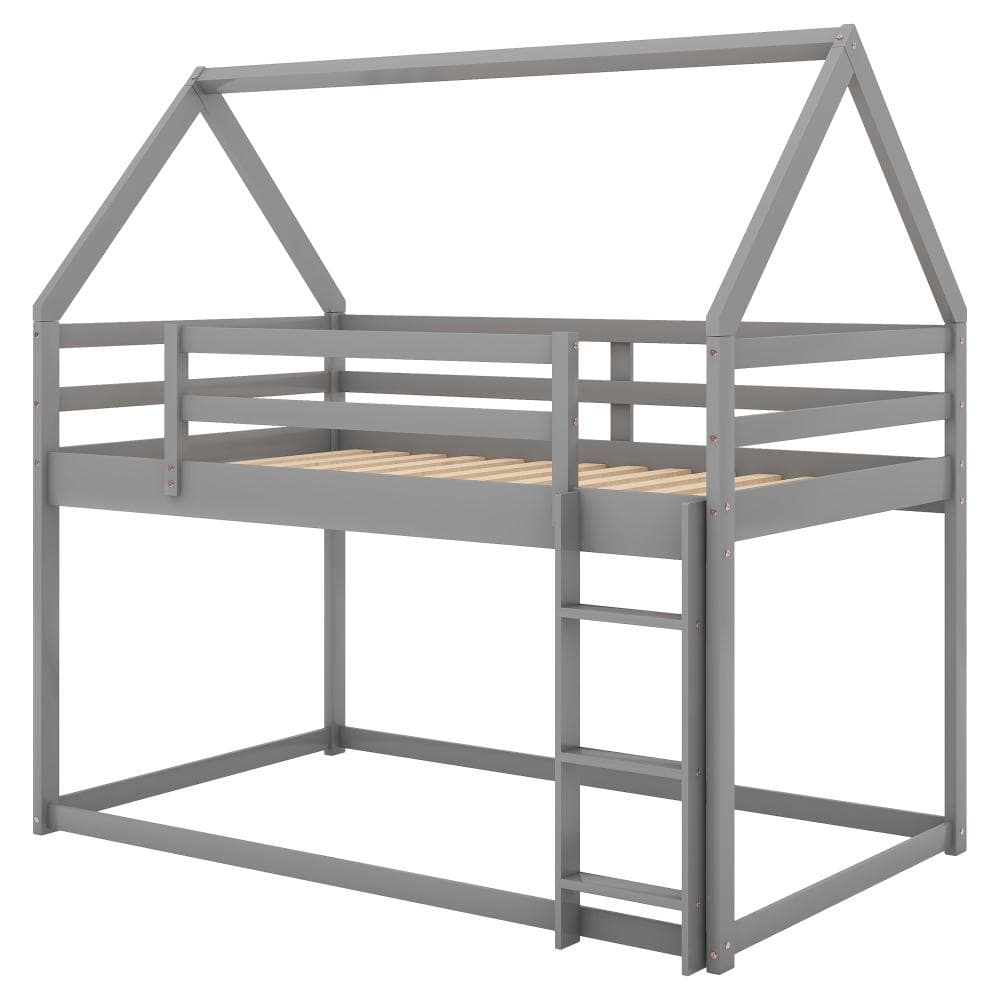 Nestfair Gray Wood Twin over Twin Bunk Bed with Ladder and House Frame ...