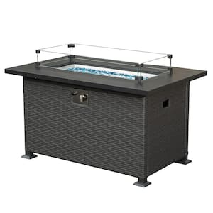 43 in. Rectangular Wicker 50,000 BTU Fire Pit Table with Wind Guard, Blue Glass Rocks, Cover Lid