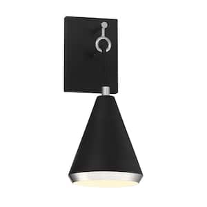 6 in. W x 17 in. H 1-Light Matte Black and Polished Nickel Wall Sconce with a Matte Black Metal Shade