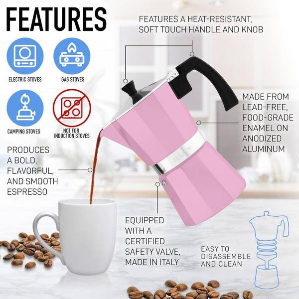 Zulay Kitchen 6-Cup Premium Moka Pot Stovetop Espresso Maker (Pink