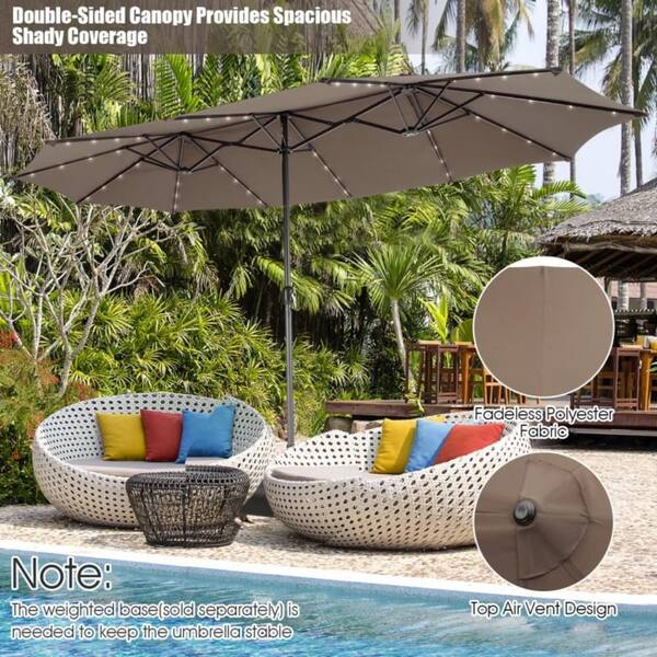 double vented patio umbrella solar lights Clihome 15 ft. Double-Sided Solar LED Lighted Patio Umbrella in Light Brown with Crank and Vented Canopy for Backyard Garden