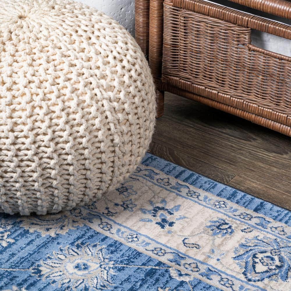 Blue and Ivory Floral Synthetic Runner Rug