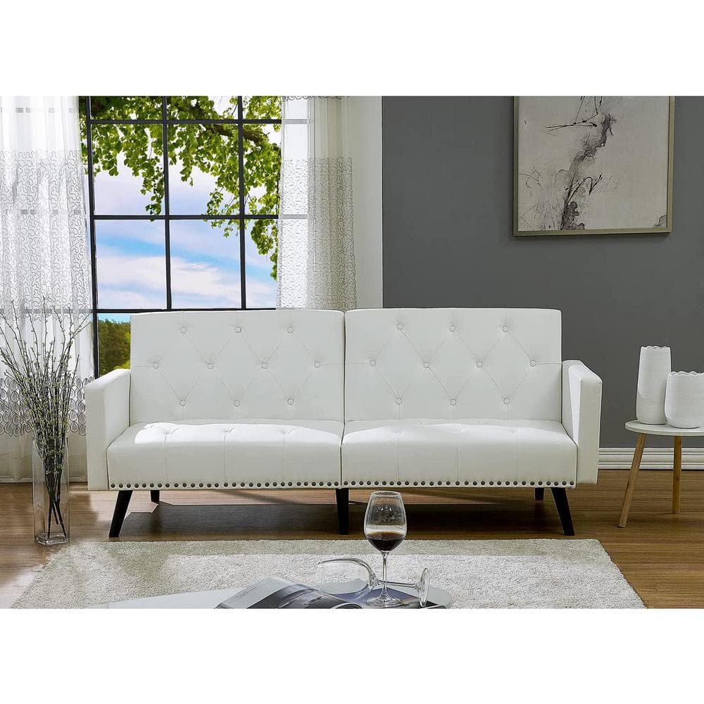 76.6 in. W White, Faux Leather Tufted Split Back Futon Sofa Bed, Folding Convertible Couch, Futon Convertible Sofa Bed -  HOMESTOCK, 18767HDN