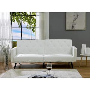 White, Faux Leather Tufted Split Back Futon Sofa Bed, Folding Convertible Couch, Futon Convertible Sofa Bed