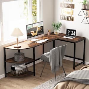 Halseey 74.8 in. W L-Shaped Brown Corner Computer Reversible Writing Studying Reading Desk 3 Tier Storage Shelves
