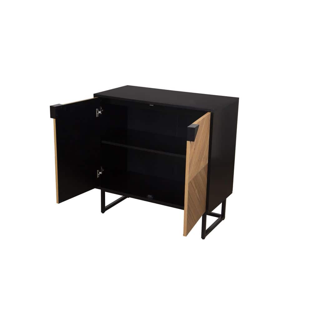 Matte Black and Brushed Fir Freestanding Storage Cabinet
