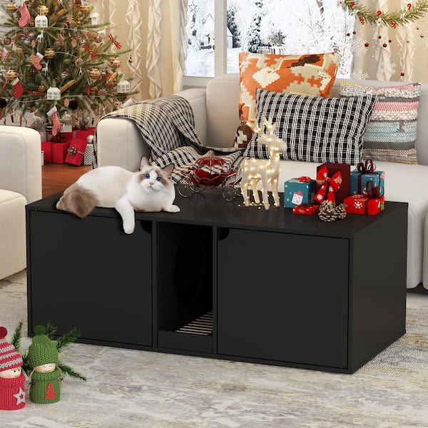 FUFU&GAGA Black Hidden Cat Litter Box Enclosure Furniture, Indoor Wooden Cat Washroom End Table with Double Room and Litter Catch