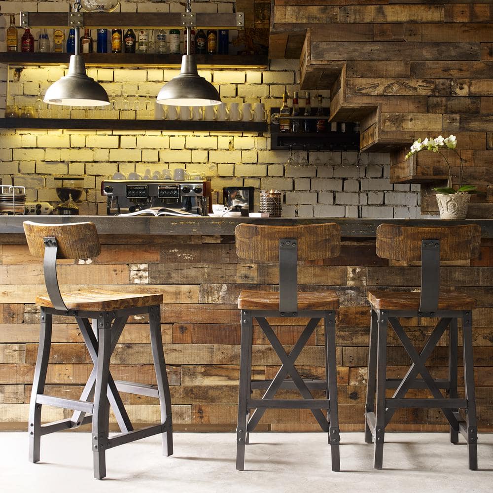 Amber Wood and Graphite Metal X-Base Bar Stool