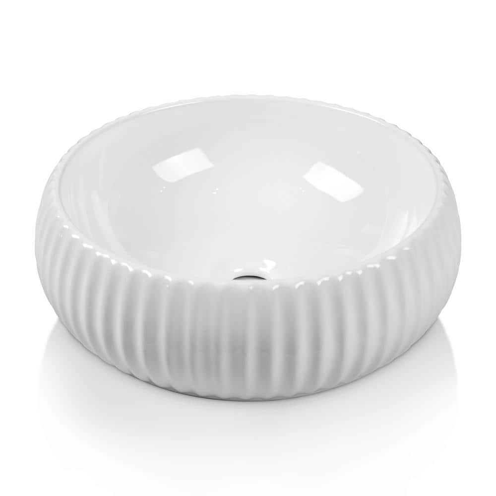 16" White Ceramic Circular Vessel Sink with Fluted Sides