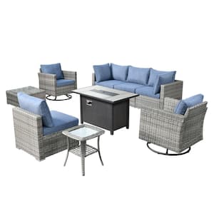 Harlotte 9-Piece Wicker Patio Rectangular Fire Pit Set with Denim Blue Cushions and Swivel Rocking Chairs