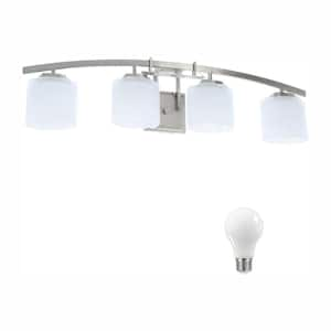 Architecture 4-Light Brushed Nickel Vanity Light with Etched White Glass Shades, Dimmable LED Soft White Bulbs Included