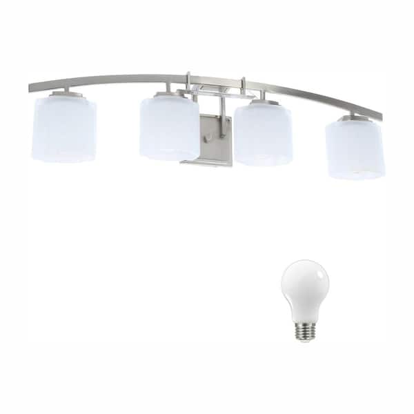 Hampton Bay Architecture 4-Light Brushed Nickel Vanity Light with Etched White Glass Shades, Dimmable LED Soft White Bulbs Included
