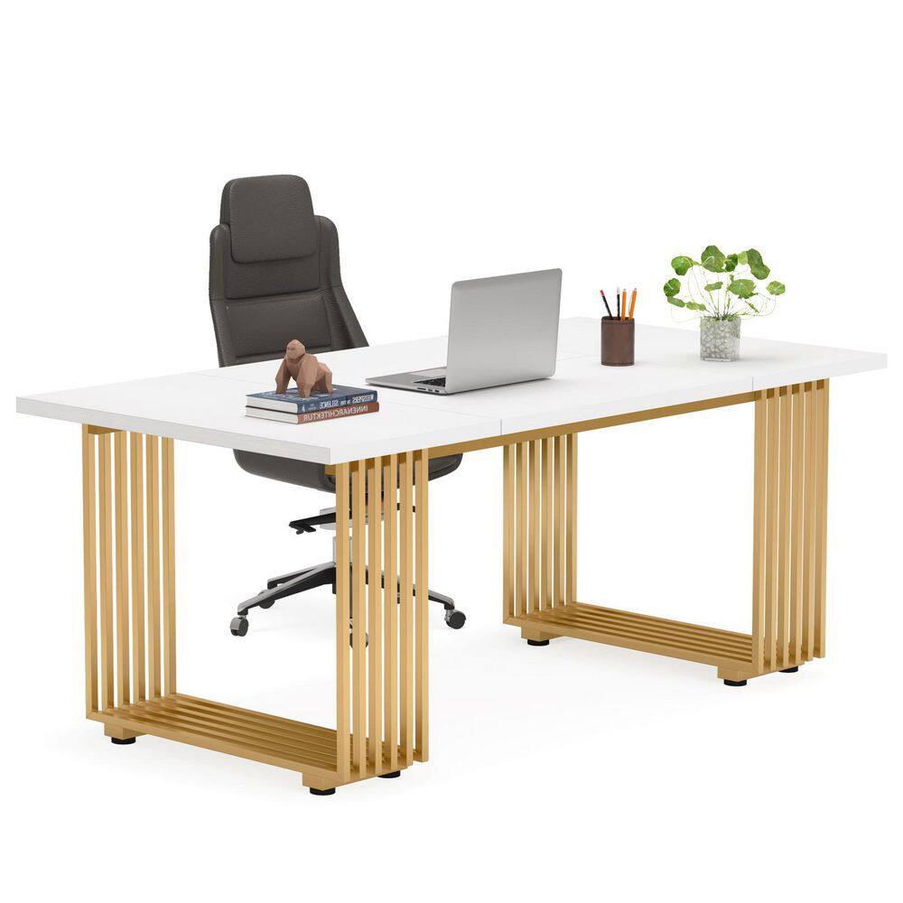 70.9 in. Rectangular White Modern Engineered Wood Executive Desk with Gold Metal Legs, Home Office Desk, Computer Desk