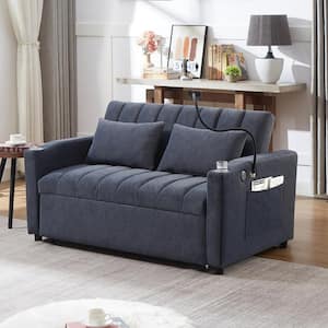 55.9 in. Blue Gray Bella Fabric Twin Size Sofa Bed Convertible Loveseat Sofa with USB Ports, Cup Holders, Phone Holder